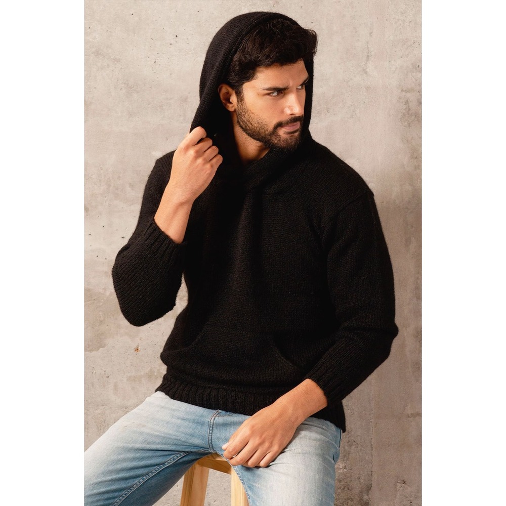 Alpaca Collections Mens Black Textured Knit Crossover Hooded Sweater L/XL